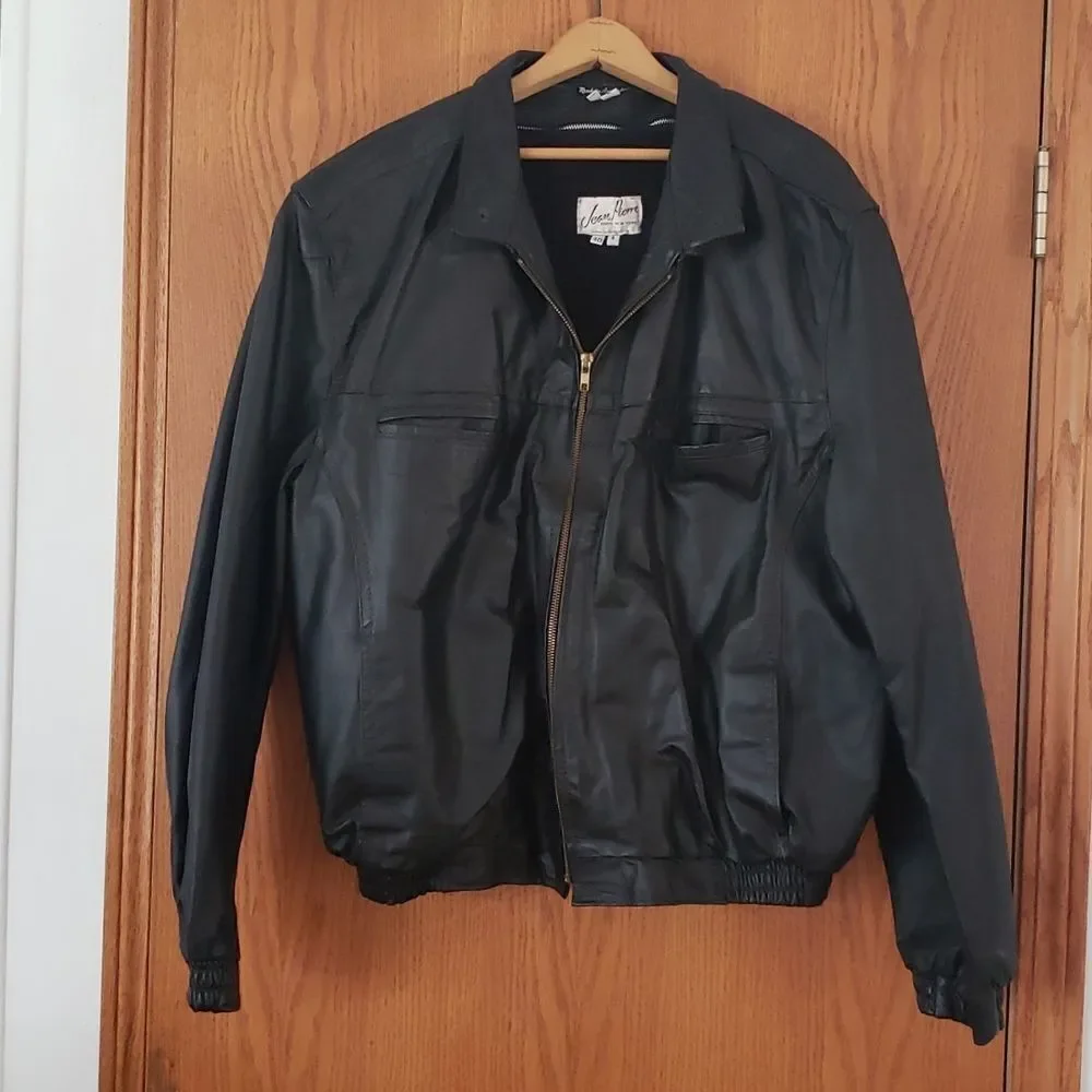 Vtg Jean Pierre Mens Biker Style Black Leather Jacket with Zip Out Liner Sz 48